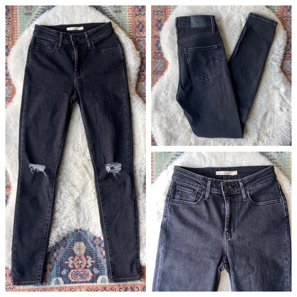 Levi’s 721 high rise skinny jean washed black denim ripped knee distressed 26